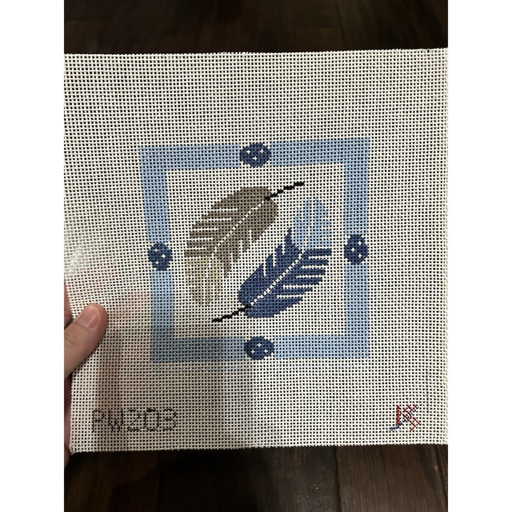 kathy schenkel needlepoint canvas handpainted Blue Feathers 5" 13 Ct Tan White